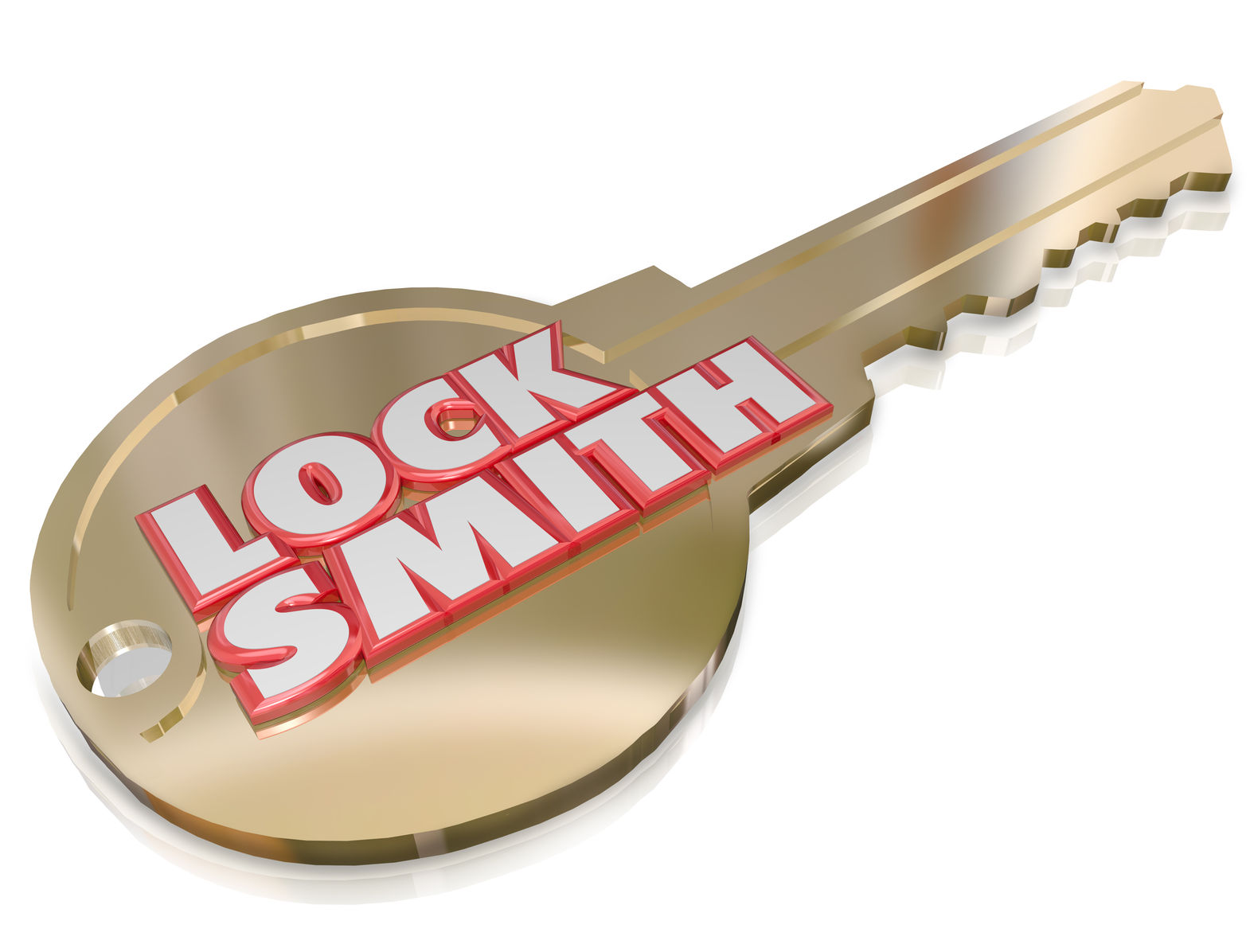 28865878 - locksmith word in red 3 letters on a gold key to illustrate a professional, worker, builder or craftsman who installs or fixes locks on homes and businesses